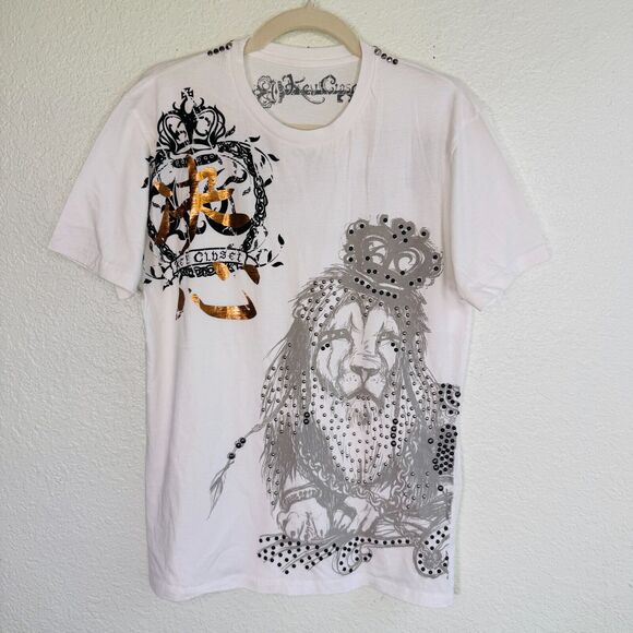 Key Closet Shirt Mens Medium Lion Crown King Studded Graphic Tee Y2K Streetwear